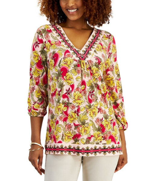 Petite Floral V Neck 3/4-Sleeve Top, Created for Macy's