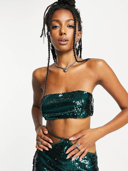 Kyo The Brand sequin bandeau crop top 3 piece co-ord in green