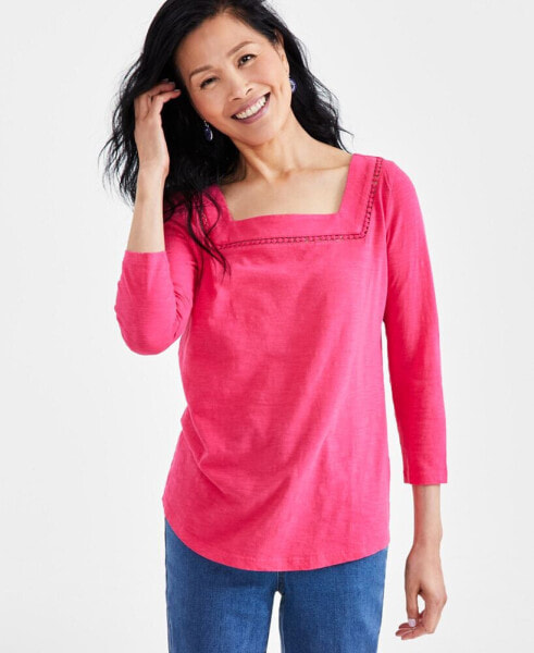 Petite Square-Neck Cotton 3/4-Sleeve Top, Created for Macy's