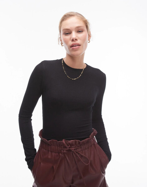 Topshop premium rib long sleeve top in black