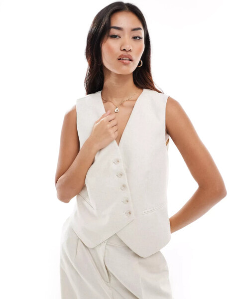 Vero Moda linen touch asymmetric button front waistcoat co-ord in beige