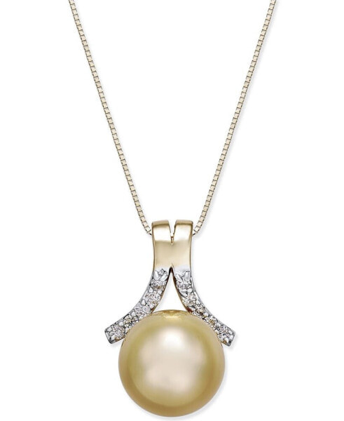 Cultured Golden South Sea Pearl (10mm) and Diamond (1/6 ct. t.w.) Pendant Necklace in 14k Gold