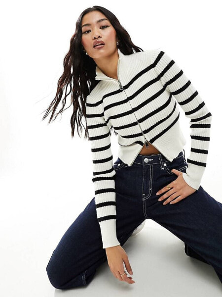 Bershka rib knitted zip up jumper in ecru & black stripe