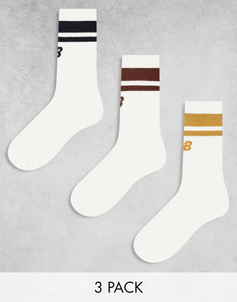 New Balance logo stripe sock 3 pack in off white multi