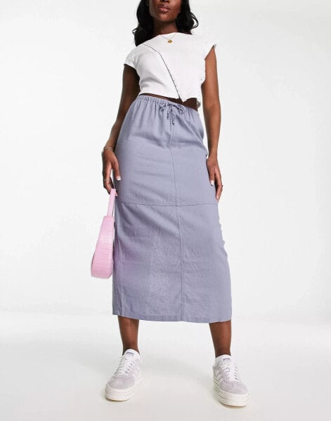 Pull&Bear linen parachute midi skirt in slate blue