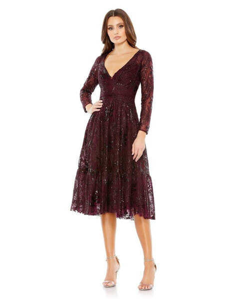 Women's Lace Embellished Long Sleeve Ruffle Hem Dress