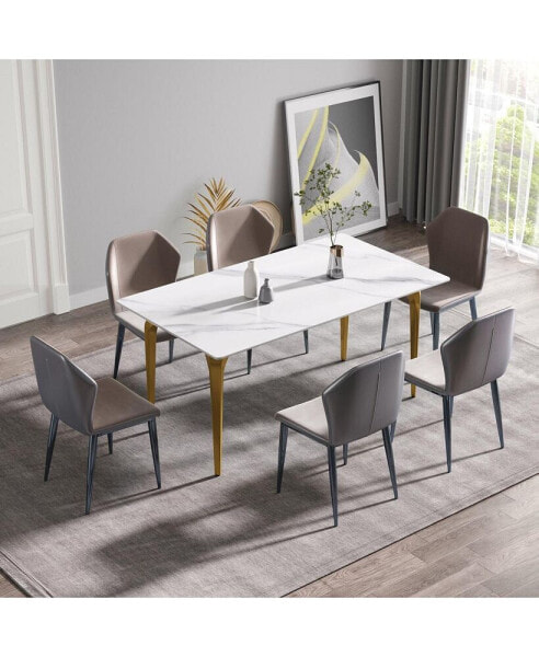 63" Modern Artificial Stone White Straight Edge Golden Metal Leg Dining Table -6 People