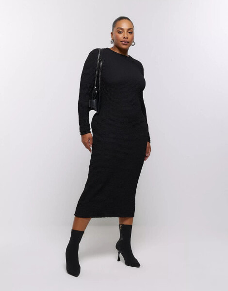 River Island Plus textured column midi dress in black