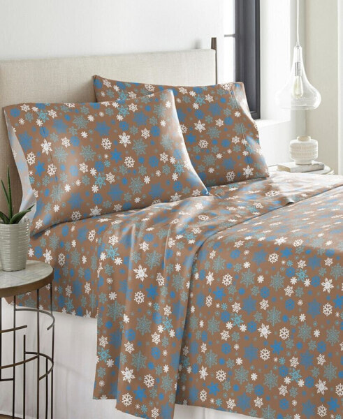 Cocoa Snowflakes Heavy Weight Cotton Flannel Sheet Set, Queen