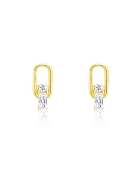 Yellow Gold Tone Paperclip Studs With Cushion and Round CZ