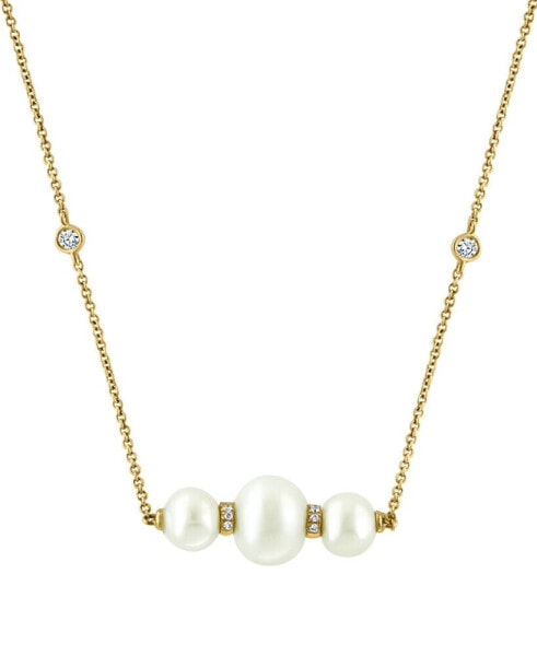 EFFY® Cultured Freshwater Pearl (8mm) & Diamond (1/10 ct. t.w.) Bar Pendant Necklace in 14k Gold, 18" + 1-1/2" extender