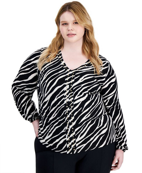 Plus Size Printed Studded Blouson-Sleeve Top, Created for Macy's
