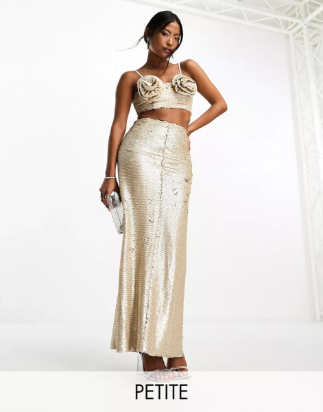 Collective the Label Petite exclusive embellished maxi skirt co-ord in champagne