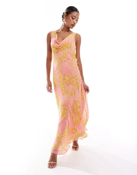 River Island cowl neck floral maxi dress in bright pink