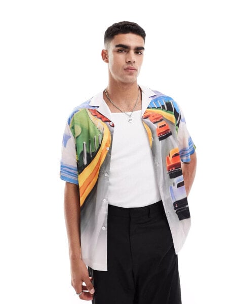 ASOS DESIGN relaxed revere shirt with scenic placement print