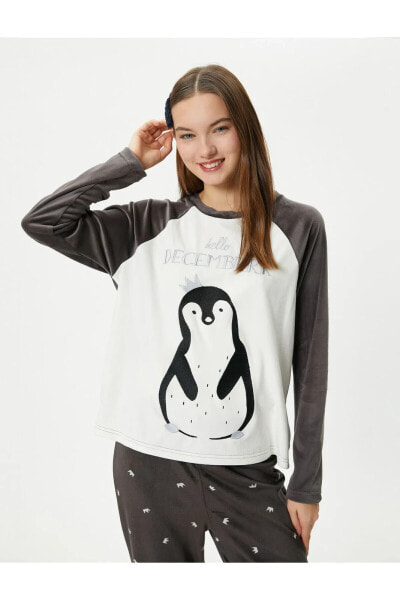 Polar Pijama Üstü Penguen Nakışlı Bisiklet Yaka Reglan Kol