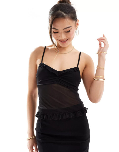 ASOS DESIGN frill mesh cami top in black