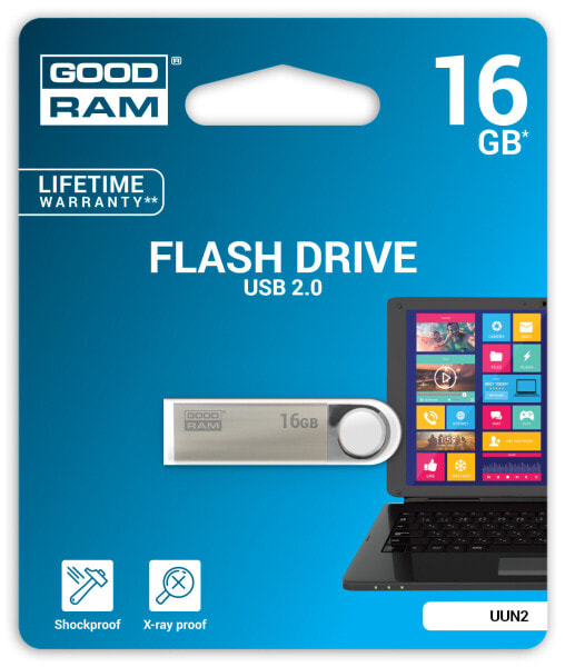 GoodRam UUN2 - 16 GB - USB Type-A - 2.0 - 20 MB/s - Swivel - Silver