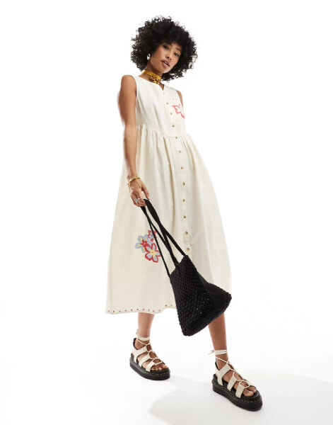 Native Youth embroidered detail button through linen midi dress in neutral