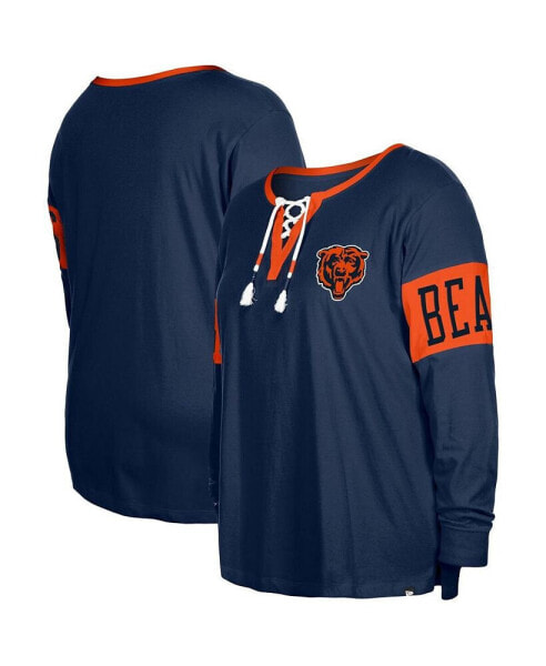 Women's Navy Chicago Bears Plus Size Lace-Up Notch Neck Long Sleeve T-shirt