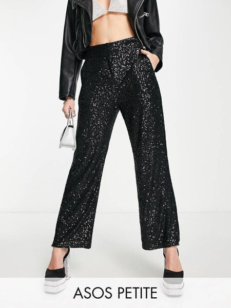 ASOS DESIGN Petite straight sequin ankle grazer trousers in black