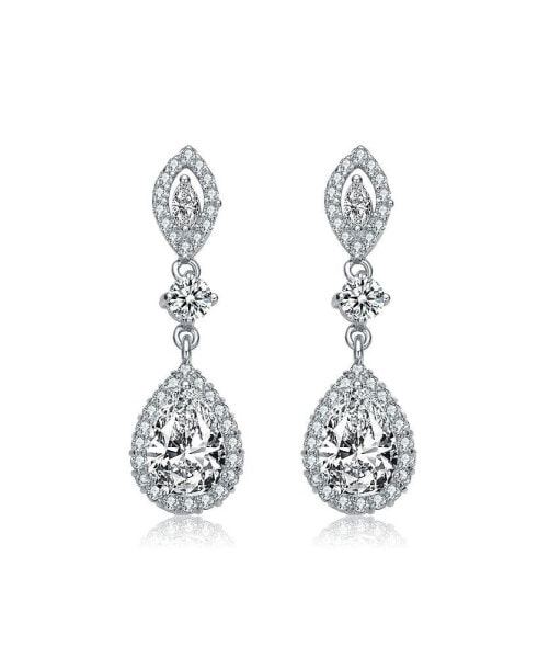 Sterling Silver with Rhodium Plated Clear Pear with Round and Marquise Cubic Zirconia Accent Dangle Earrings