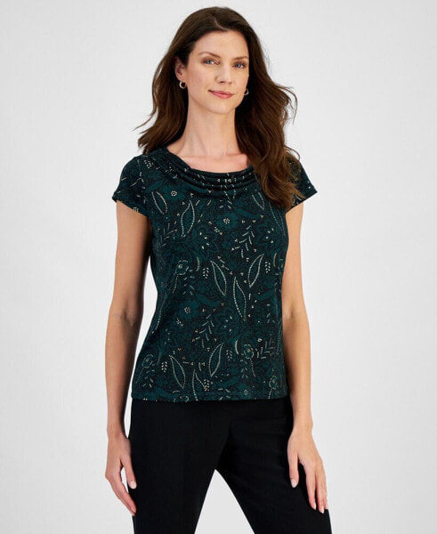 Petite Printed Short-Sleeve Cowl-Neck Top