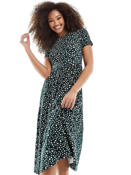 Wednesday's Girl smudge spot tiered midi dress in deep green