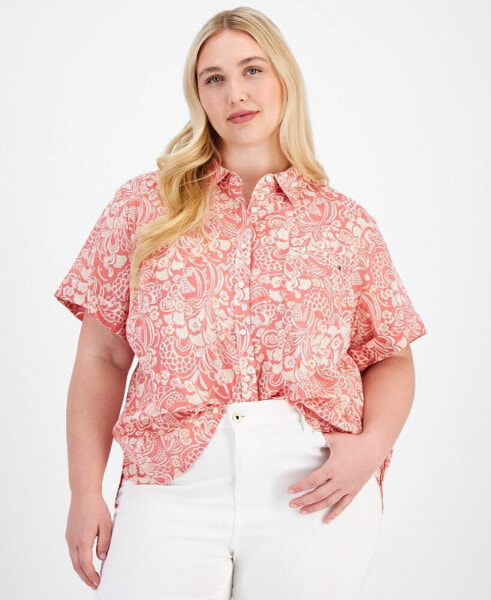 Plus Size Cotton Cuffed-Sleeve Camp Shirt