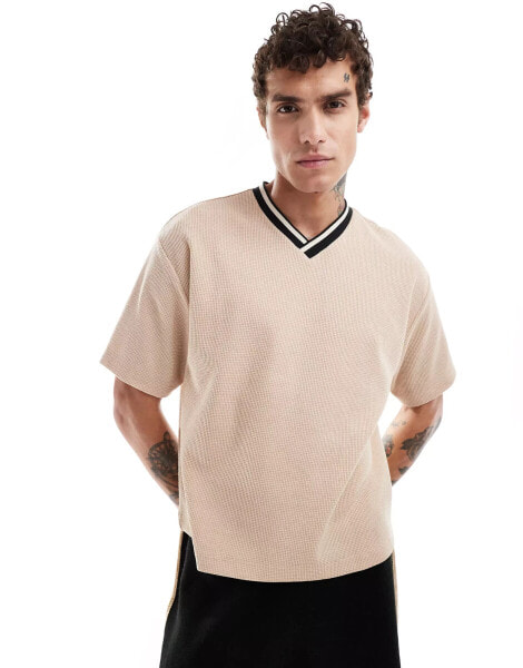 ASOS DESIGN relaxed waffle t-shirt with sport tipping in stone