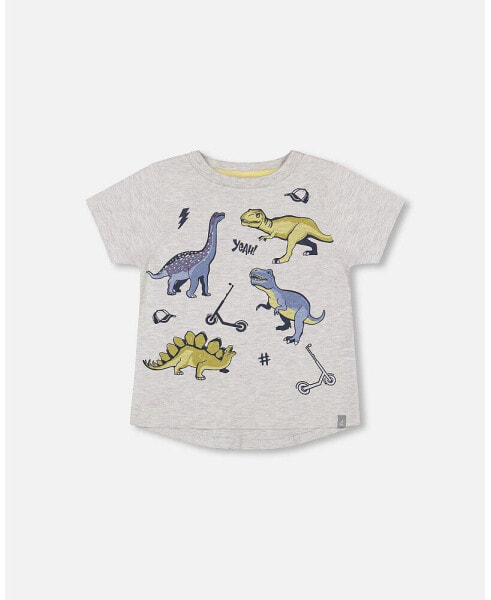 Baby Boy Cotton T-Shirt With Dino Print Light Gray Mix - Infant