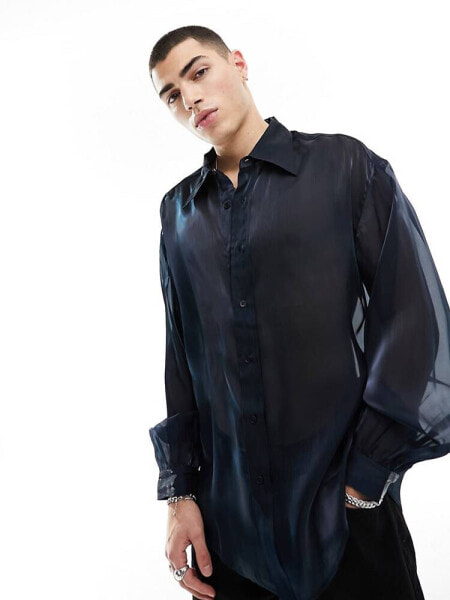 ASOS DESIGN oversized shirt with blouson sleeve in two tone organza in blue