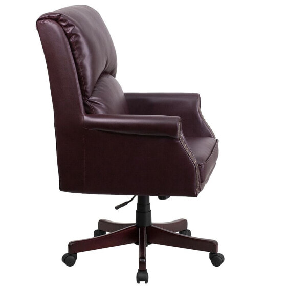 High Back Pillow Back Burgundy Leather Executive Swivel Chair With Arms