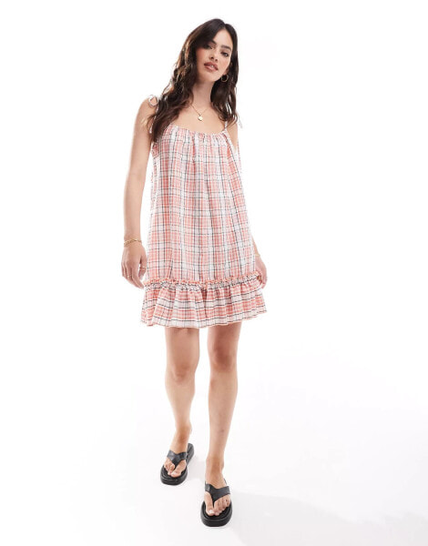 COLLUSION drop hem mini dress in blush check