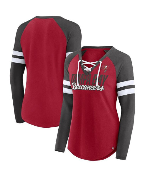 Women's Red, Pewter Tampa Bay Buccaneers True to Form Raglan Lace-Up V-Neck Long Sleeve T-shirt