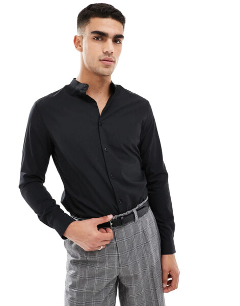 ASOS DESIGN slim shirt with grandad collar in black