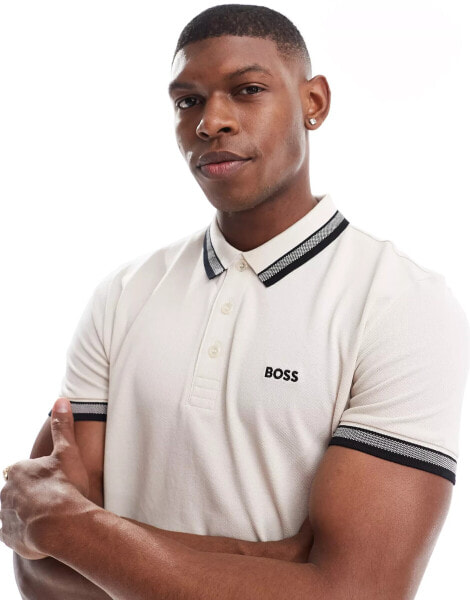 BOSS GREEN paddy tipped polo shirt in light beige