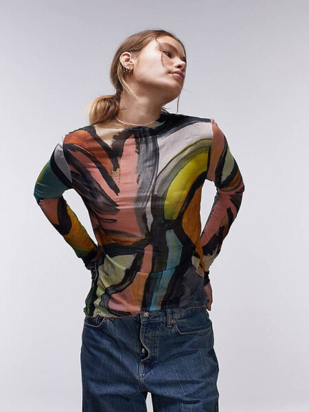 Topshop abstract art crinkle high neck long sleeve top in multi