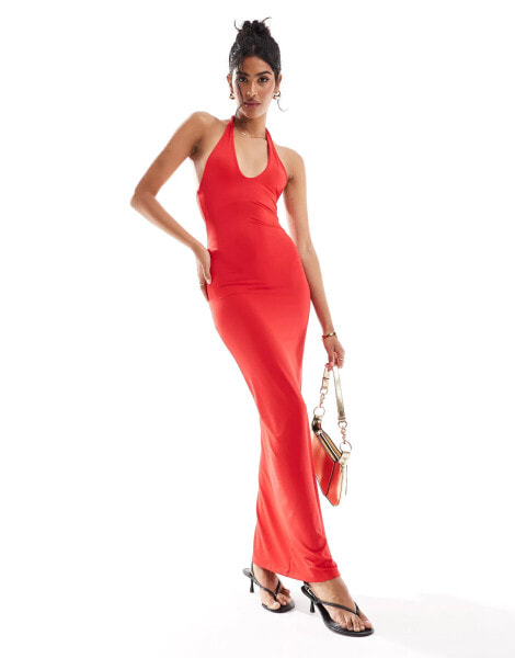 Bershka halterneck bodycon maxi dress in red