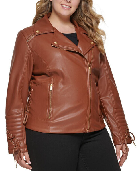 Women's Plus Size Faux-Leather Asymmetric Moto Coat