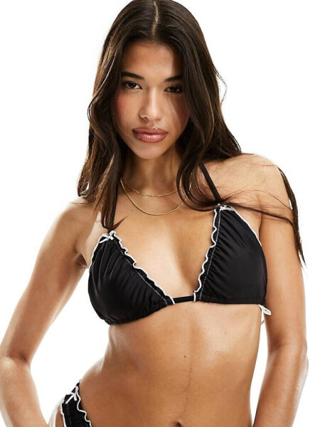 The Frolic brooke lettuce contrast edge bow detail bikini top in black