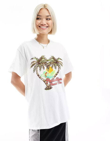 ASOS DESIGN oversized t-shirt with beach bar graphic in white