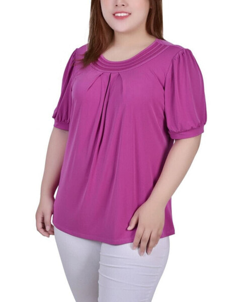 Plus Size Short Puff Sleeve Sheer Inset Top