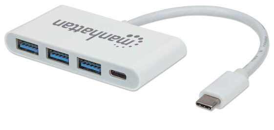 USB-концентратор Manhattan USB-C Dock/Hub с 4 портами: USB-A (x3) и USB-C, с поддержкой зарядки Power Delivery до порта USB-C (60W), 5 Гбит/с (USB 3.2 Gen1 alias USB 3.0), белого цвета, с тремя годами гарантии, упаковка блистер, разъем USB 3.2 Gen 1 (3.1 Gen 1) Type-C и USB 3.2 Gen 1 (3.1 Gen 1) Type-A.