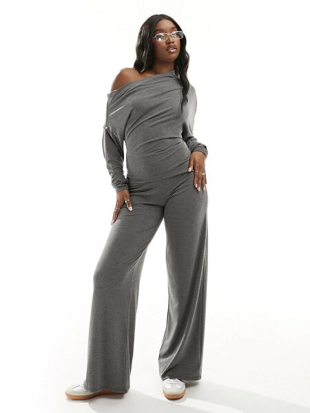 ASOS DESIGN supersoft fallen shoulder jumpsuit with overlay and wide leg in grey