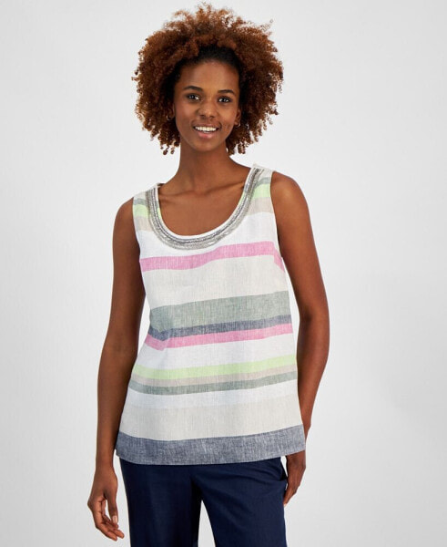 Women's 100% Linen Striped Embellished Tank Top, Created for Macy's