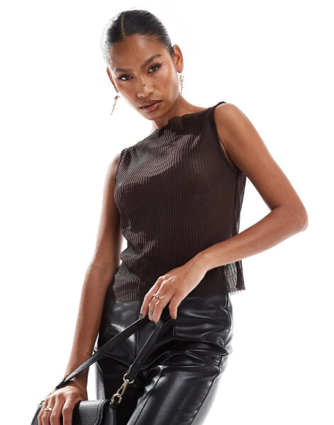 ASOS DESIGN sheer plisse grown on neck top in chocolate