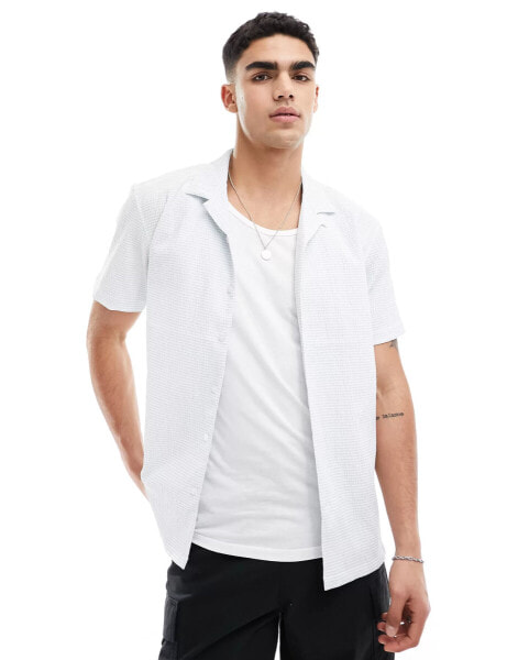 Brave Soul textured revere collar shirt in white & pale blue