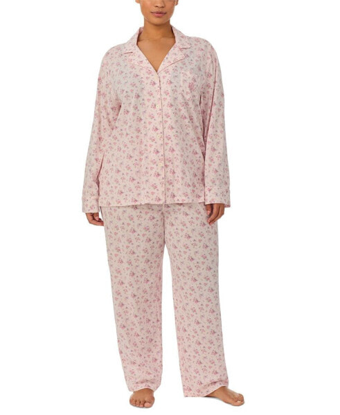 Plus Size 2-Pc. Long-Sleeve Notch-Collar Long Pants Pajama Set