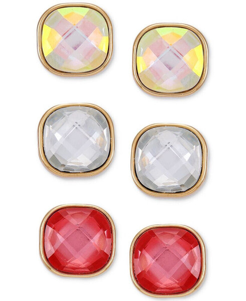 Gold-Tone 3-Pc. Set Faceted Crystal Stud Earrings